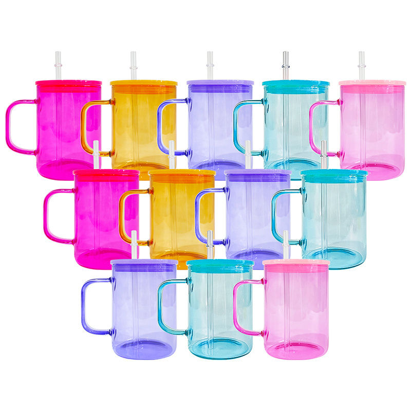 wholesale bulk 17oz Jelly Glass Camper Mug with colored pp lid Tea Milk Beer Crystal clear sublimation glass mug with pp lid