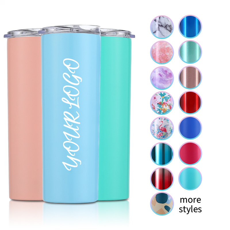 Custom Logo 20 oz Sublimation Blanks Straight Cup Double Wall Stainless Steel Insulated Slim Skinny Tumbler with Straw Lid