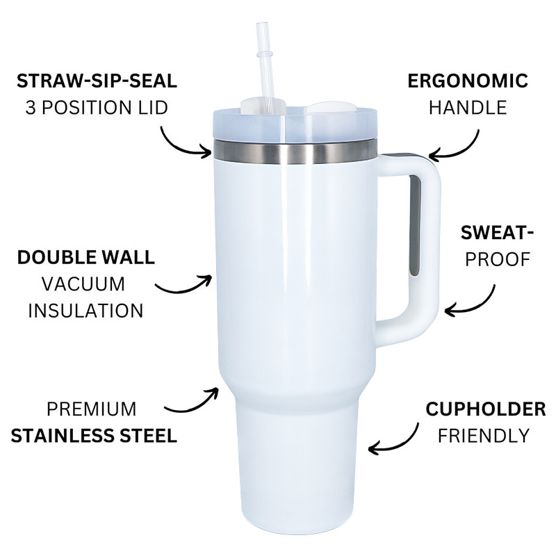 Custom logo 40 oz tumbler with handle quencher h2.0 tumbler 30oz 40oz stainless steel outdoor mug with handle and straw