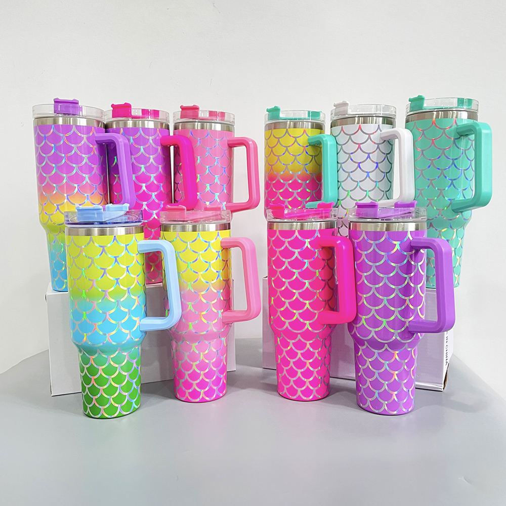 Iridescent Travel Mug Tumbler holographic fish scales ombre color 40 oz tumbler mermaid 40oz tumbler Vacuum Insulated Mug