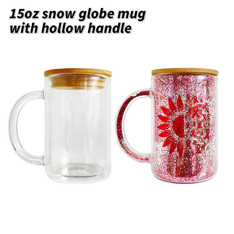 Blanks Sublimation 15oz 15 oz Double Wall Snowglobe Glass Can Clear Snow Globe Tumbler Cup Mug with Handle and Pre Drilled Hole