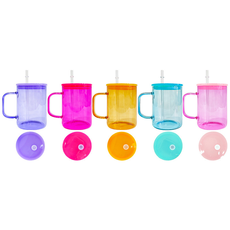 wholesale bulk 17oz Jelly Glass Camper Mug with colored pp lid Tea Milk Beer Crystal clear sublimation glass mug with pp lid