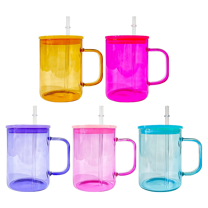 wholesale bulk 17oz Jelly Glass Camper Mug with colored pp lid Tea Milk Beer Crystal clear sublimation glass mug with pp lid