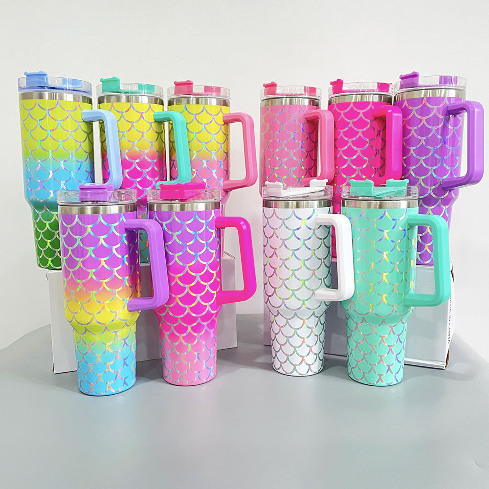 Iridescent Travel Mug Tumbler holographic fish scales ombre color 40 oz tumbler mermaid 40oz tumbler Vacuum Insulated Mug