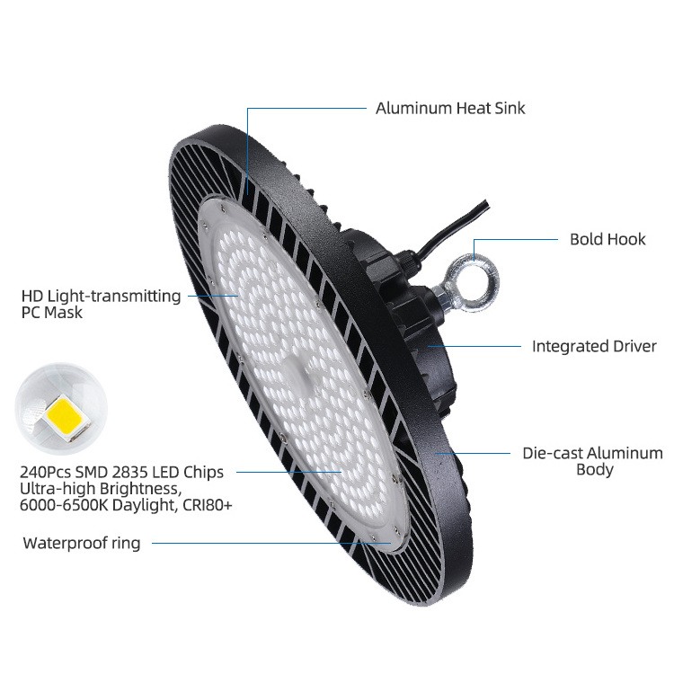 MELINZ Hot Product Warehouse Die-casting PC IP64 UFO Shape Black 100W 150W 200W High LED Bay Light