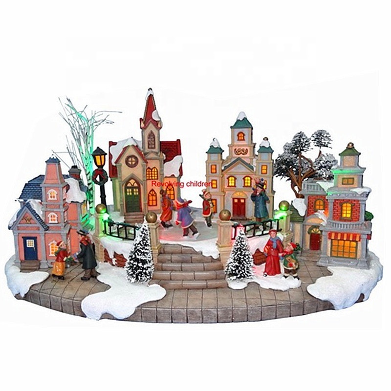 14'' LED Xmas Village With Up & Down Moving Reindeer Sleigh Christmas Resin Village Snow House Figurine for Festival Decoration