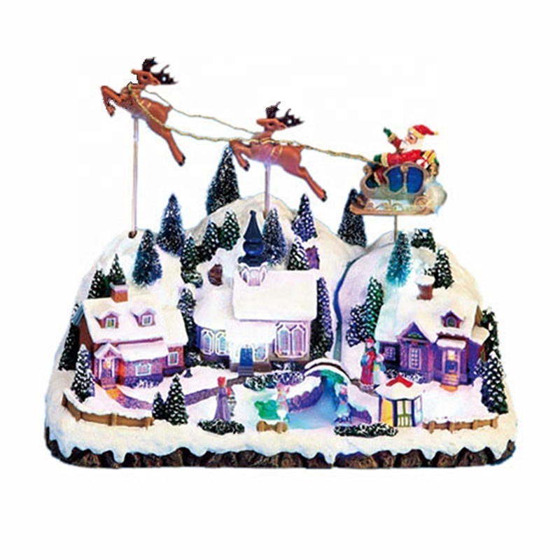 14'' LED Xmas Village With Up & Down Moving Reindeer Sleigh Christmas Resin Village Snow House Figurine for Festival Decoration