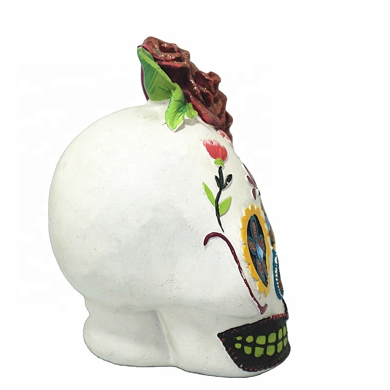 Halloween Skull Statues Home Decor Day of Dead With Roses Flowers Skull Resin Head Figurine Sculpture Dia de Los Muertos Decor