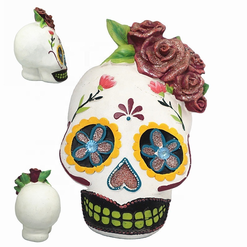 Halloween Skull Statues Home Decor Day of Dead With Roses Flowers Skull Resin Head Figurine Sculpture Dia de Los Muertos Decor