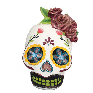 Halloween Skull Statues Home Decor Day of Dead With Roses Flowers Skull Resin Head Figurine Sculpture Dia de Los Muertos Decor