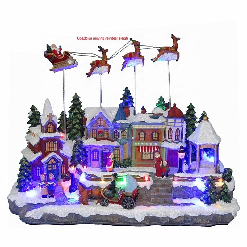 14'' LED Xmas Village With Up & Down Moving Reindeer Sleigh Christmas Resin Village Snow House Figurine for Festival Decoration