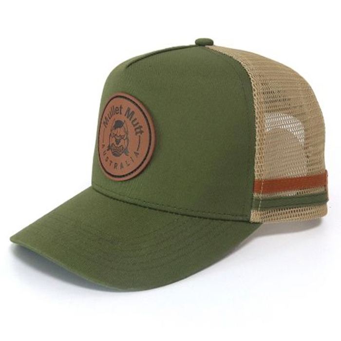 Wholesales Custom 5 Panel Olive Cotton Twill Trucker Leather Patch Logo Gorras Army Green Trucker Mesh Hat Cap