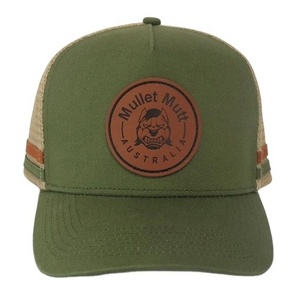 Wholesales Custom 5 Panel Olive Cotton Twill Trucker Leather Patch Logo Gorras Army Green Trucker Mesh Hat Cap