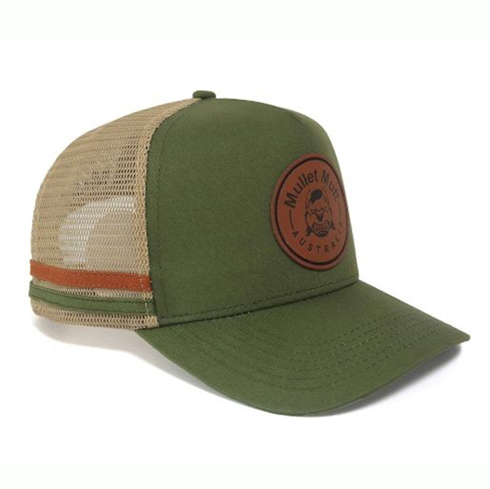 Wholesales Custom 5 Panel Olive Cotton Twill Trucker Leather Patch Logo Gorras Army Green Trucker Mesh Hat Cap