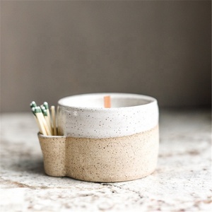 Fancy design speckle glaze matte gift craft home goods ceramic candle container jar with match sticks holder