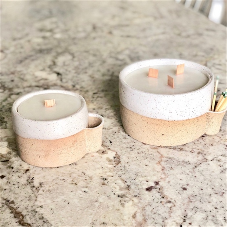 Fancy design speckle glaze matte gift craft home goods ceramic candle container jar with match sticks holder