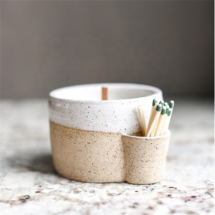 Fancy design speckle glaze matte gift craft home goods ceramic candle container jar with match sticks holder