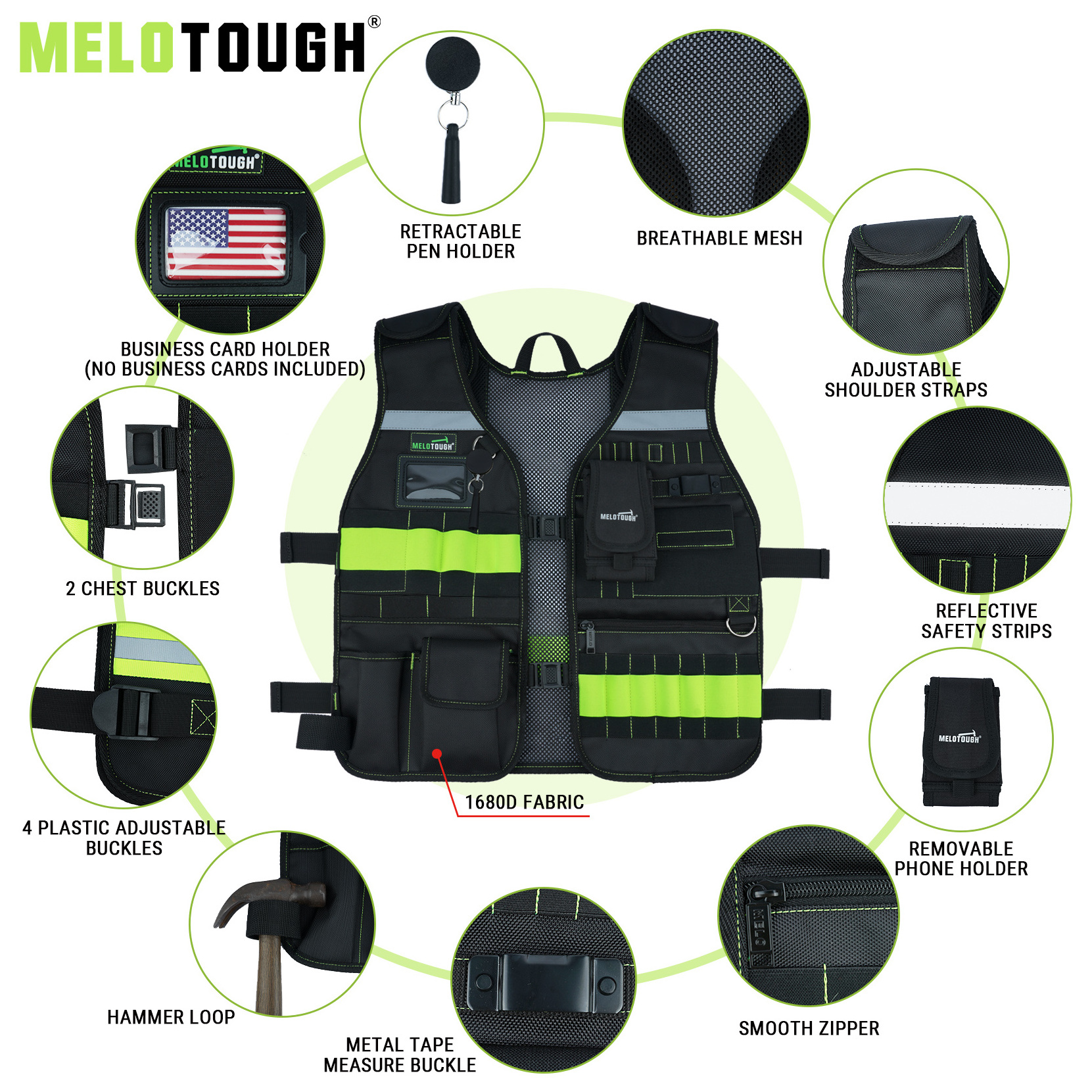 Multi-pocket Tool Vest, Electrician Carpenter Construction Tool Vest, Reflective Safety Men's Tool Vest.