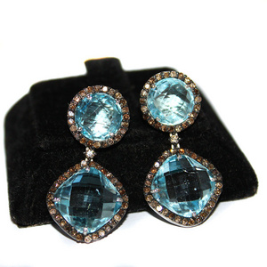 24.50CT Natural Blue Topaz And Diamond 925 Solid Sterling Silver Stud Earring For Woman Wholesaler