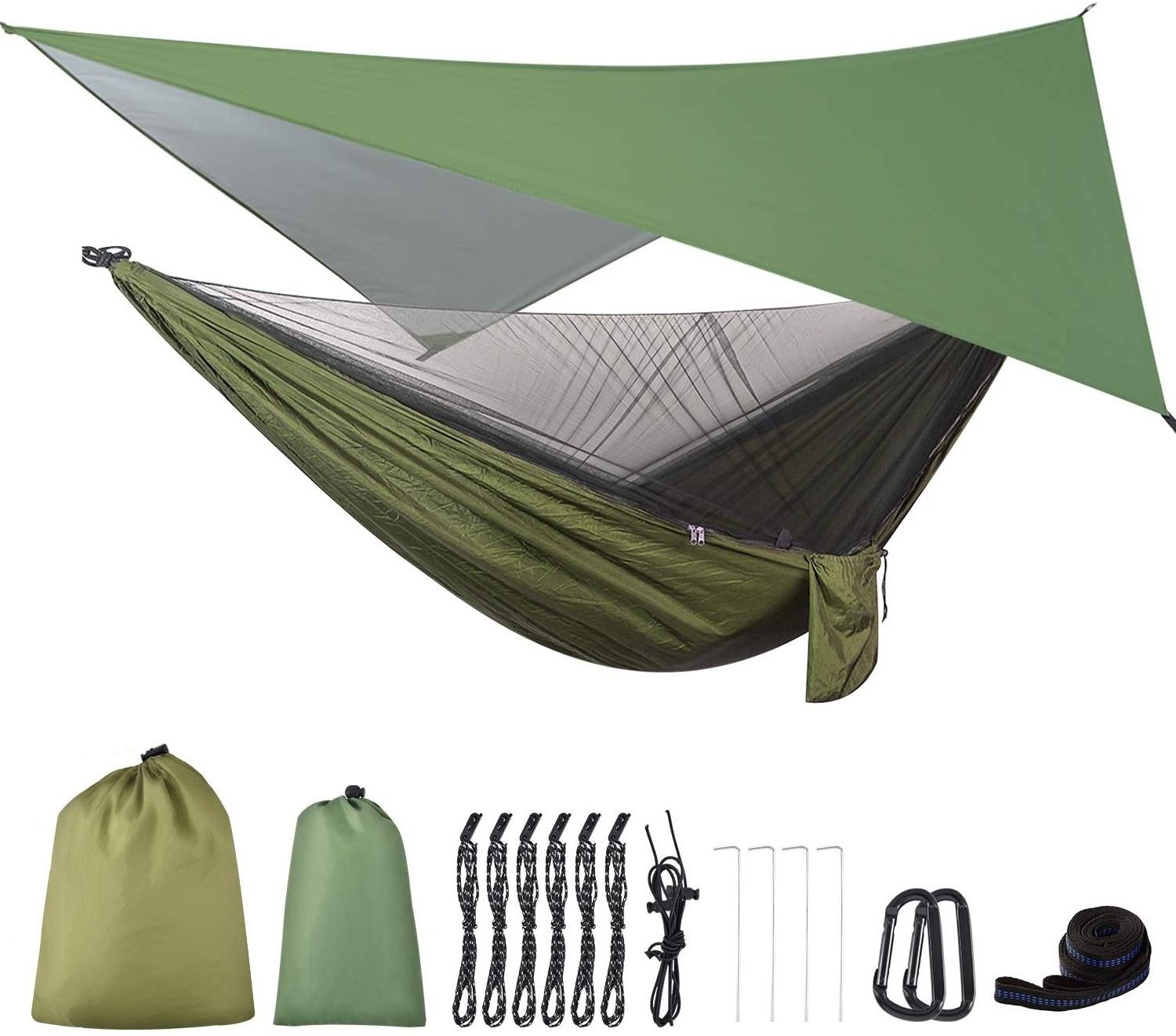 Waterproof Camping Hammock with Mosquito Net Rain Fly Heavy Duty Tree Strap Nylon