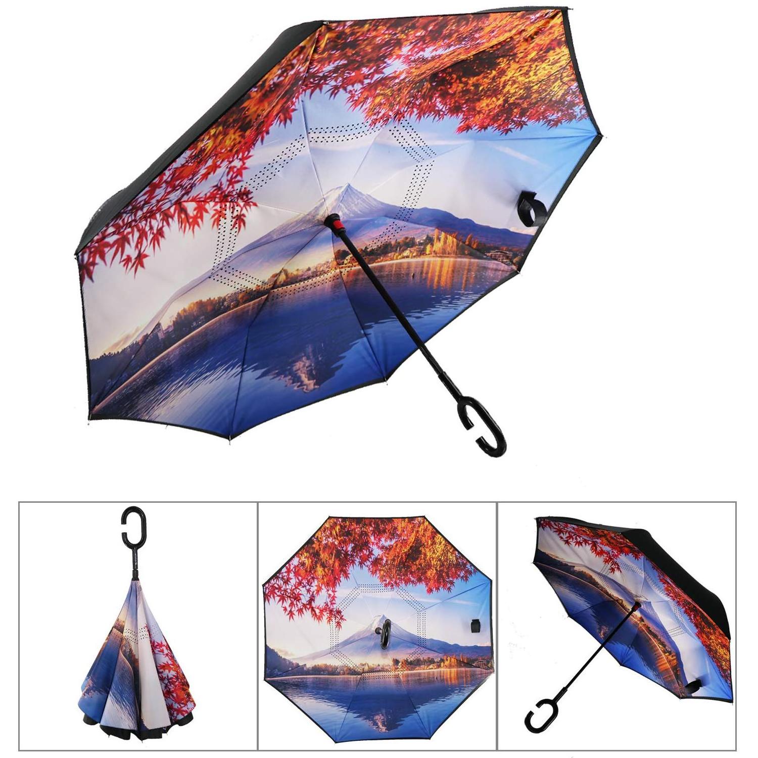 Custom Logo pattern Inverted Reverse Upside Down Umbrella with C-Shaped Handle inverse umbrellas Anti-UV Waterproof Windproof