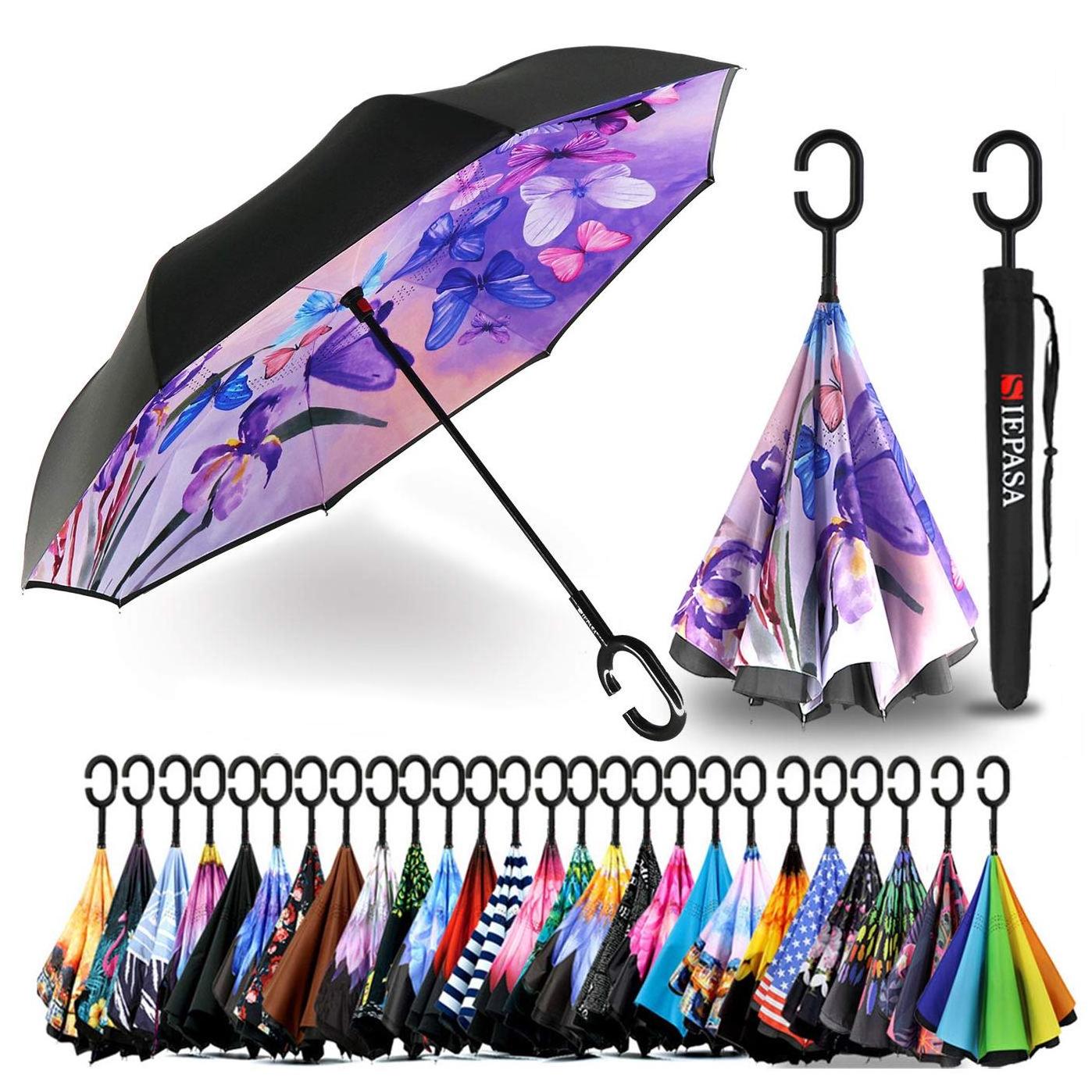 Anti-UV Waterproof Windproof Custom Logo pattern Inverted Reverse inverse Umbrella with C-Shaped Handle umbrellas