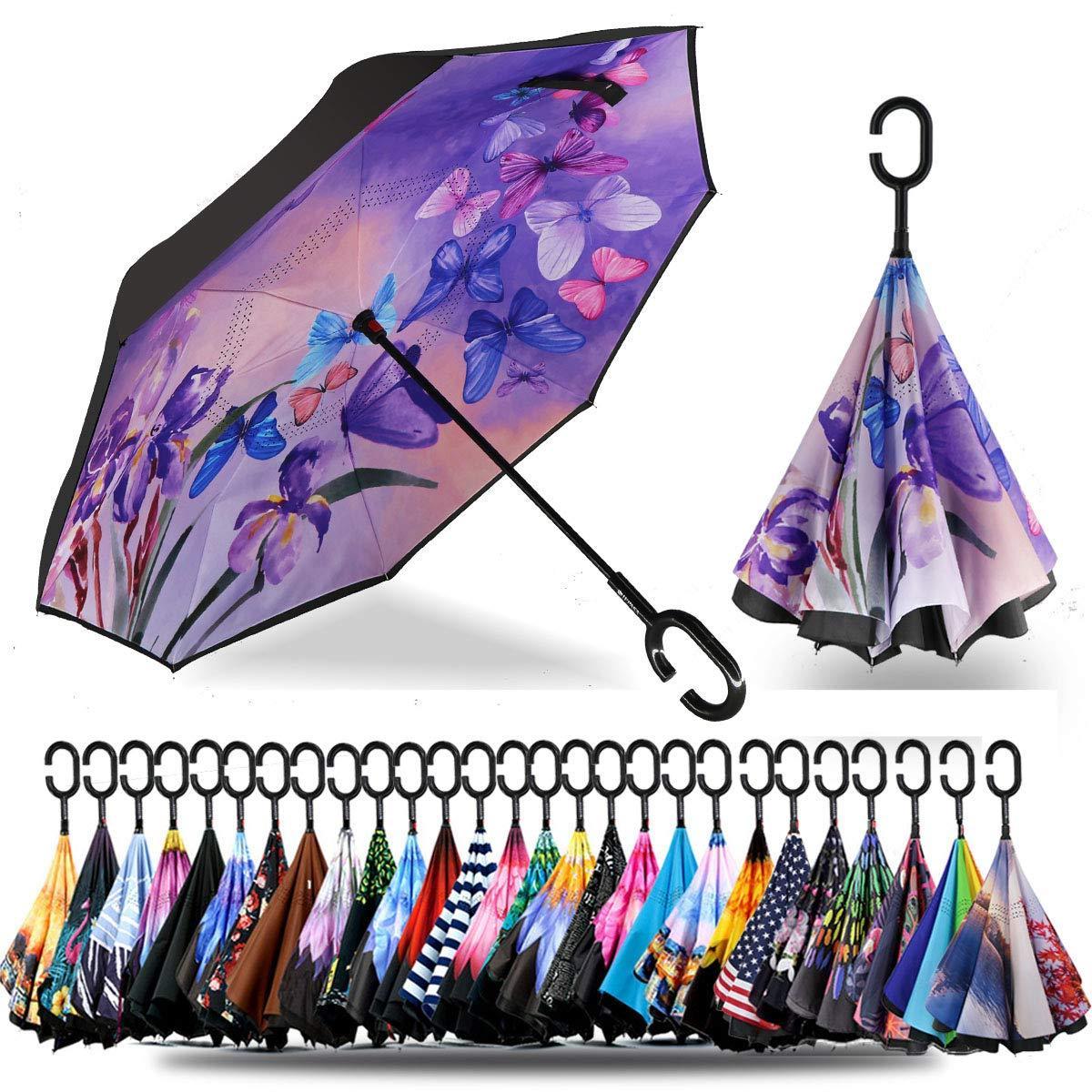 Anti-UV Waterproof Windproof Custom Logo pattern Inverted Reverse inverse Umbrella with C-Shaped Handle umbrellas