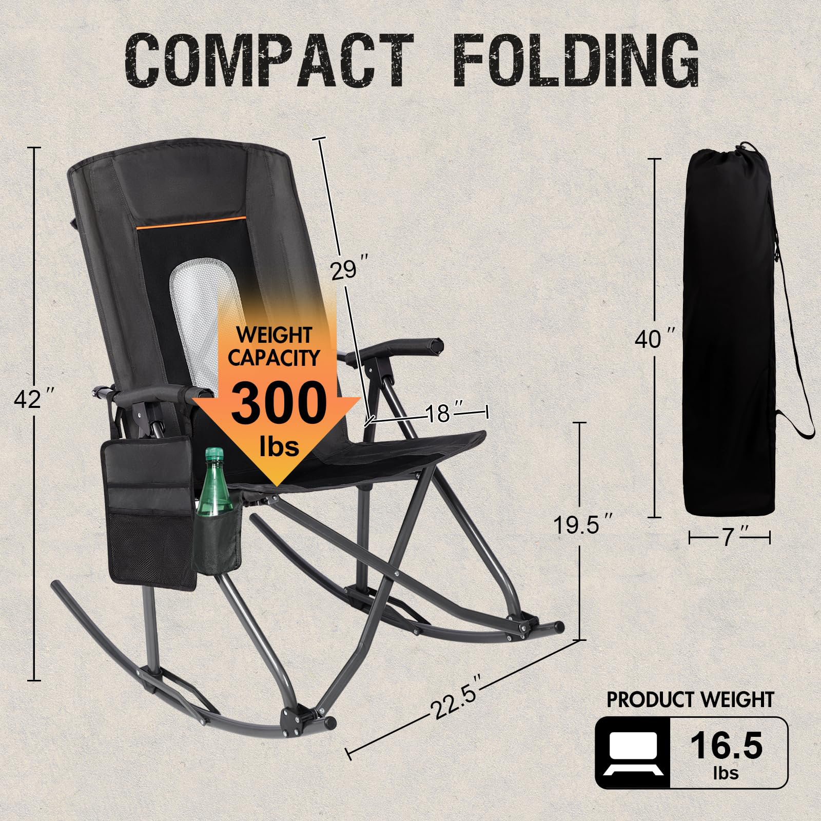 Oversized Portable Outdoor Camping Rocking Chair High Back Hard Armrests 300 Lbs Support Mesh Back Foldable Carry Bag Included