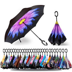 Latest Custom Double Layer Inverted Reverse inverse Umbrella with C-Shaped Handle Anti-UV Waterproof Windproof umbrellas