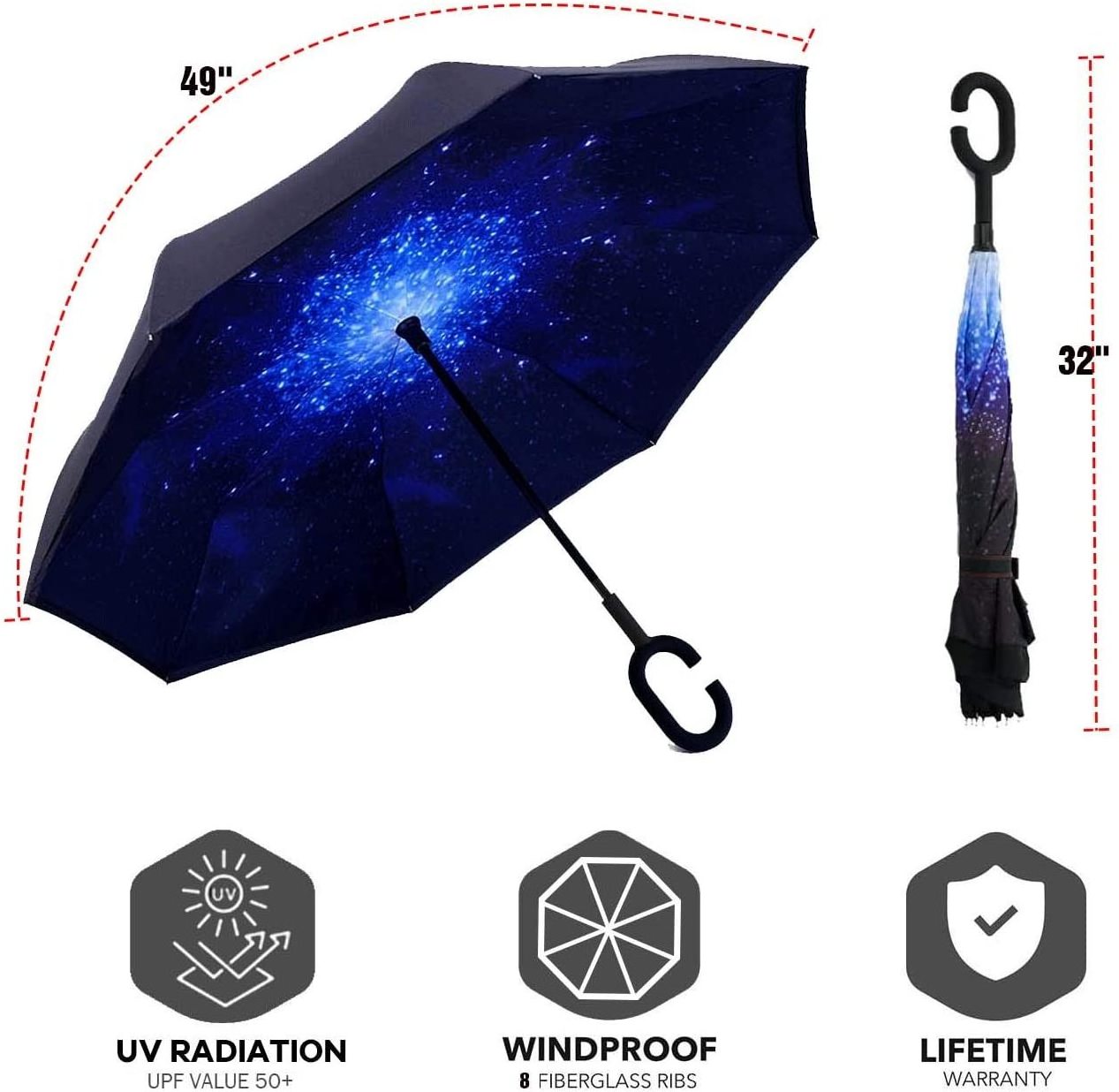 New Inverse Car Umbrella with Logo Custom Double Layer Inside Out C Shape Handle Design Inverted Folding Reverse Rain Umbrella