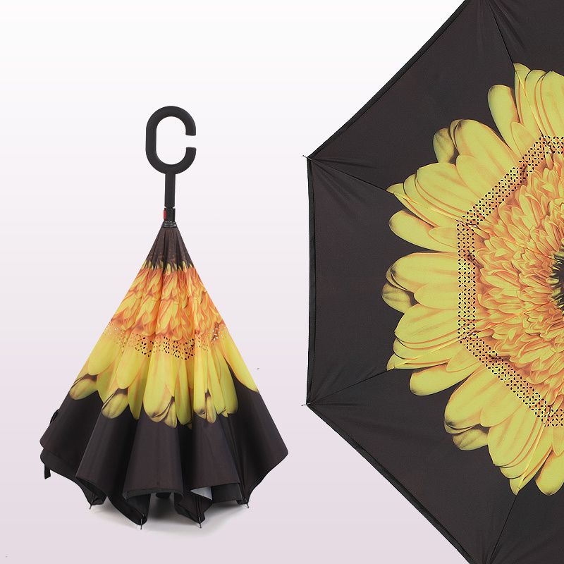 Double Layer Inverted Reverse Umbrella with C-Shaped Handle Anti-UV Waterproof Straight Umbrella New inverse with logo prints