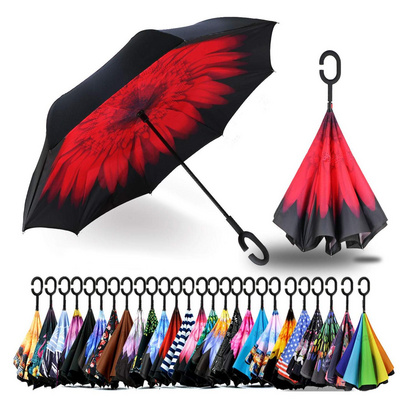 Wholesale Inverted Reverse Umbrella with C-Shaped Handle inverse umbrellas Anti-UV Waterproof Windproof Custom Logo pattern