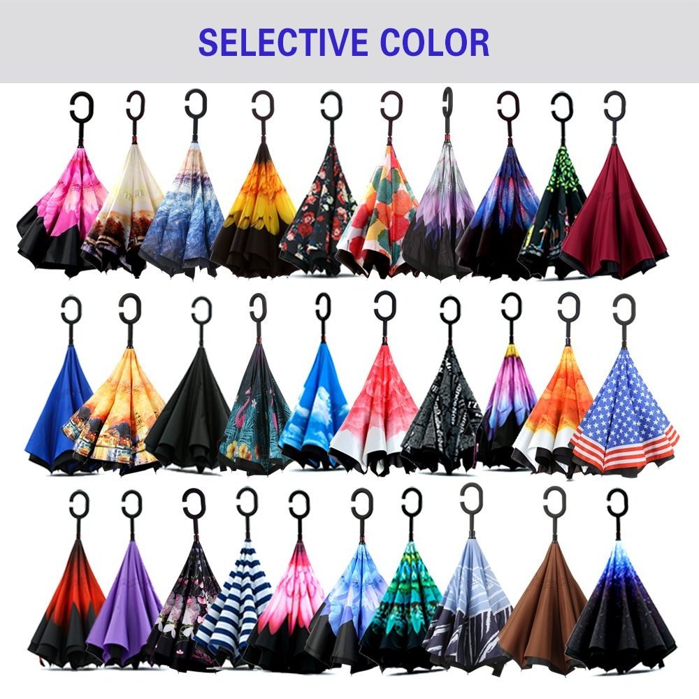 Custom Latest Travel Double Layer Inverted Reverse inverse Umbrella with C-Shaped Handle Anti-UV Waterproof Windproof umbrellas