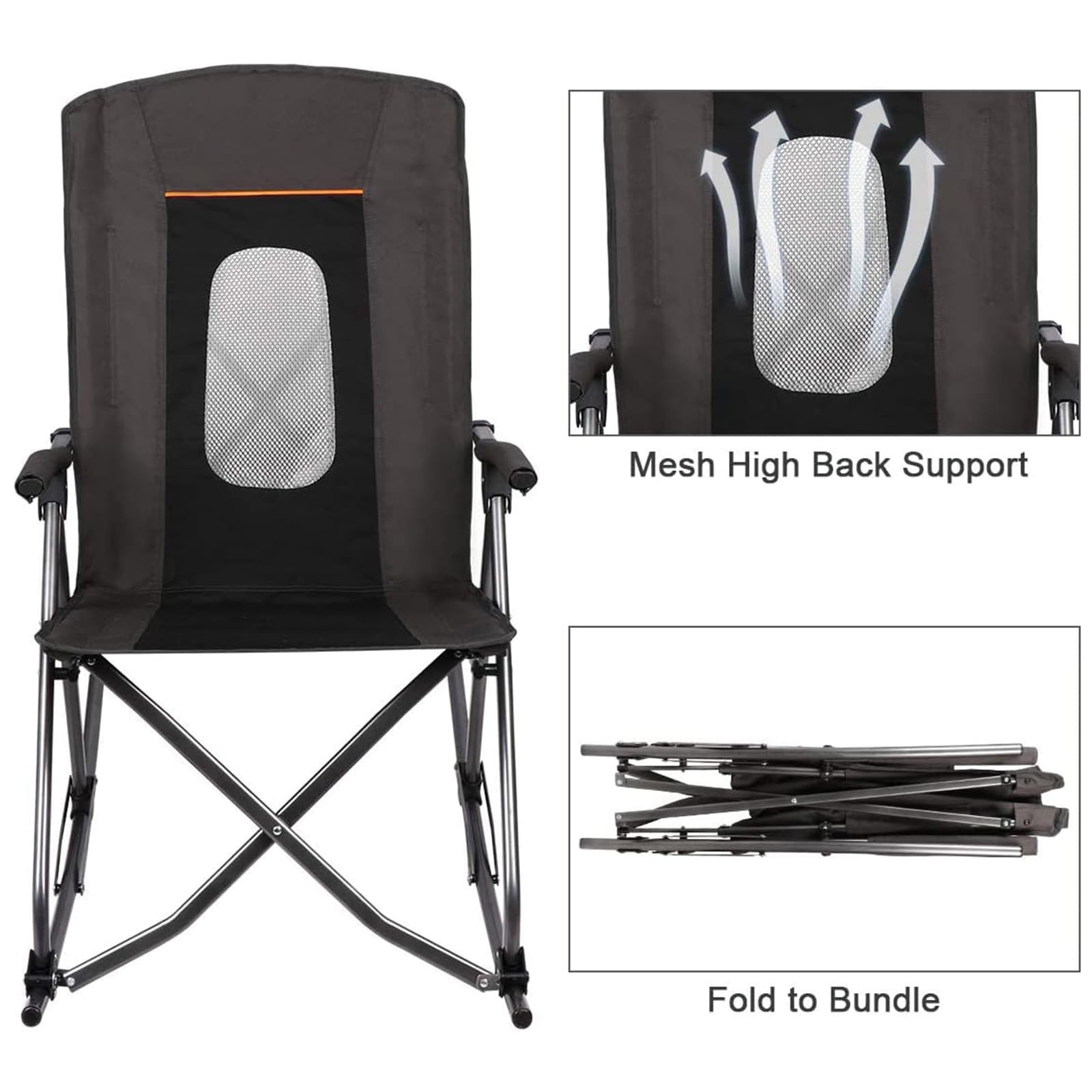 Oversized Portable Outdoor Camping Rocking Chair High Back Hard Armrests 300 Lbs Support Mesh Back Foldable Carry Bag Included