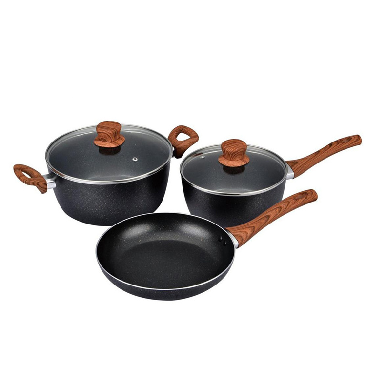 High quality 5 pcs cookware sets Aluminium non-stick marble coating pans with wood grain handle cookware set new hot