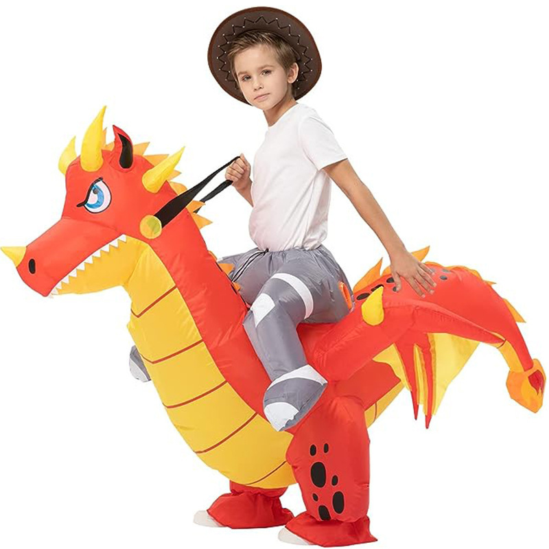 Halloween Funny Child Inflatable Res Fire Riding Dragon Mascot Costume Air Blow-up Suit Carnival Party