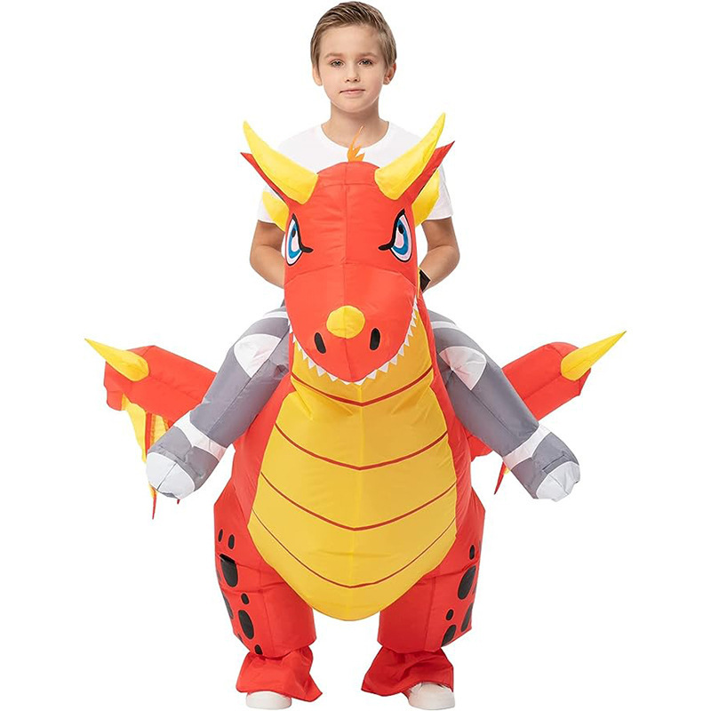 Halloween Funny Child Inflatable Res Fire Riding Dragon Mascot Costume Air Blow-up Suit Carnival Party