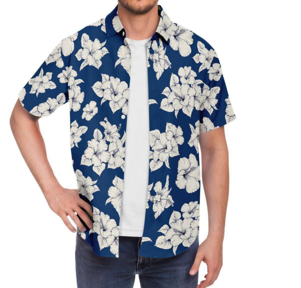 2024 Custom Latest Hawaiian White Hibiscus Flowers Print Floral Tropical Men's Button Down Shirt Beach Shirt For Men