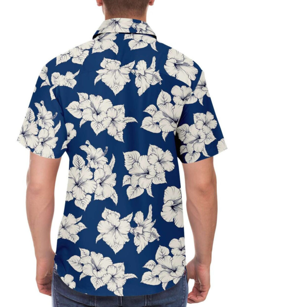 2024 Custom Latest Hawaiian White Hibiscus Flowers Print Floral Tropical Men's Button Down Shirt Beach Shirt For Men