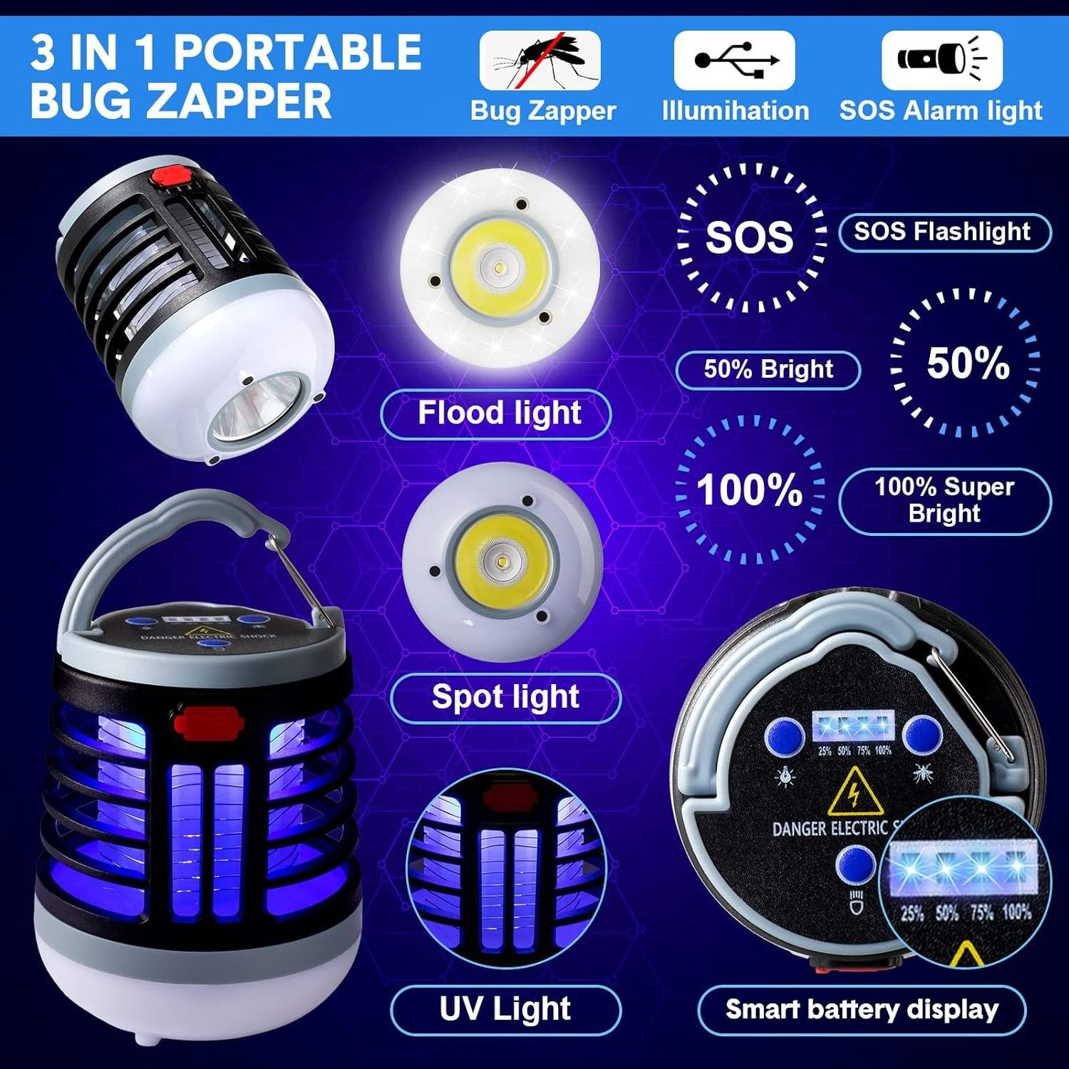 JZ Outdoor portable hand-held customized design powerful uv light fly killer bug zapper traps