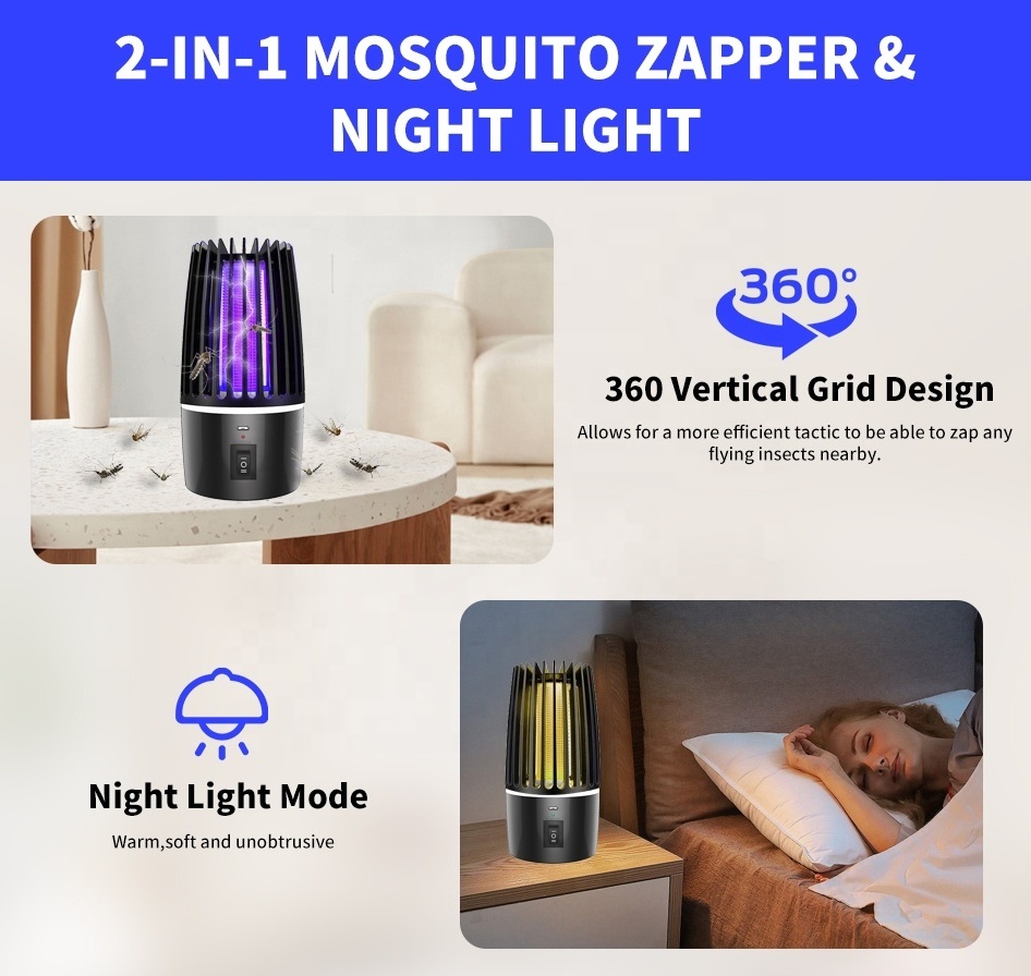 JZ 2 in 1 rechargeable LED indoor ultrasonic new lamp Fly Catcher UV Electric led Anti mosquito killing Lamp for Indoor