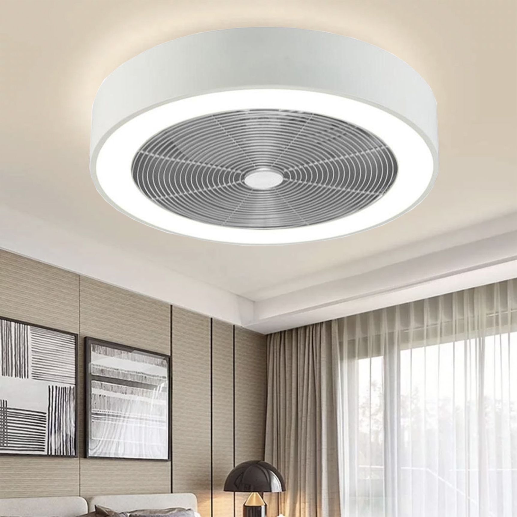 Drum Living Room Flush Light Fixture Modern Acrylic White Color Dimmable Led Ceiling Fan Lamp