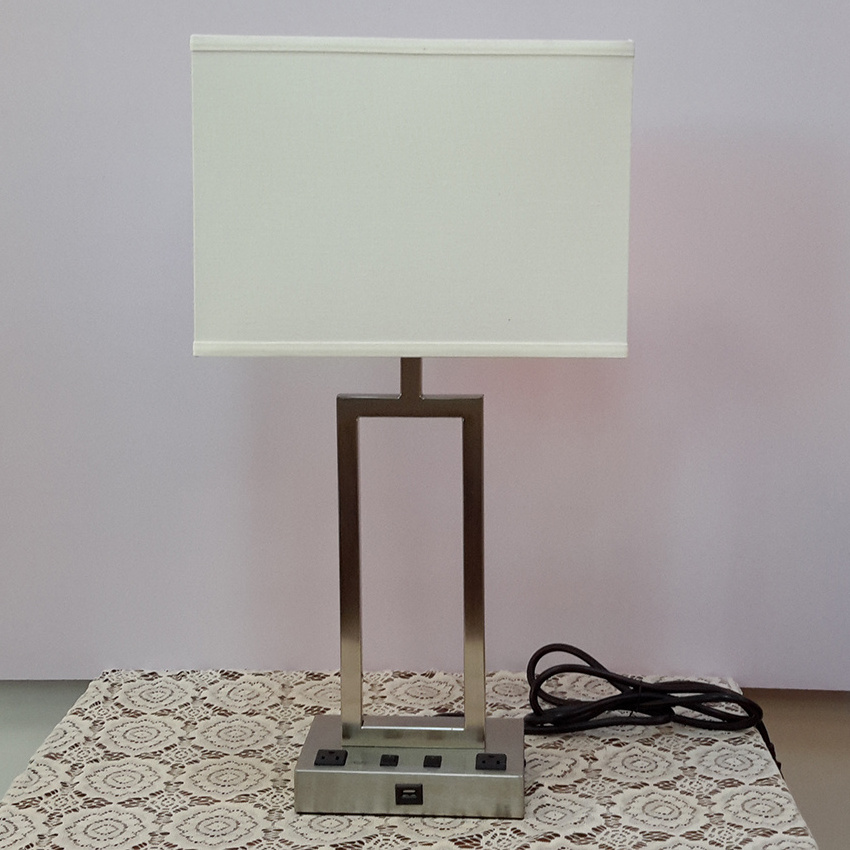 New Usa Iron Brushed Nickel Hotel Usb Table Desk Lamp with outlets