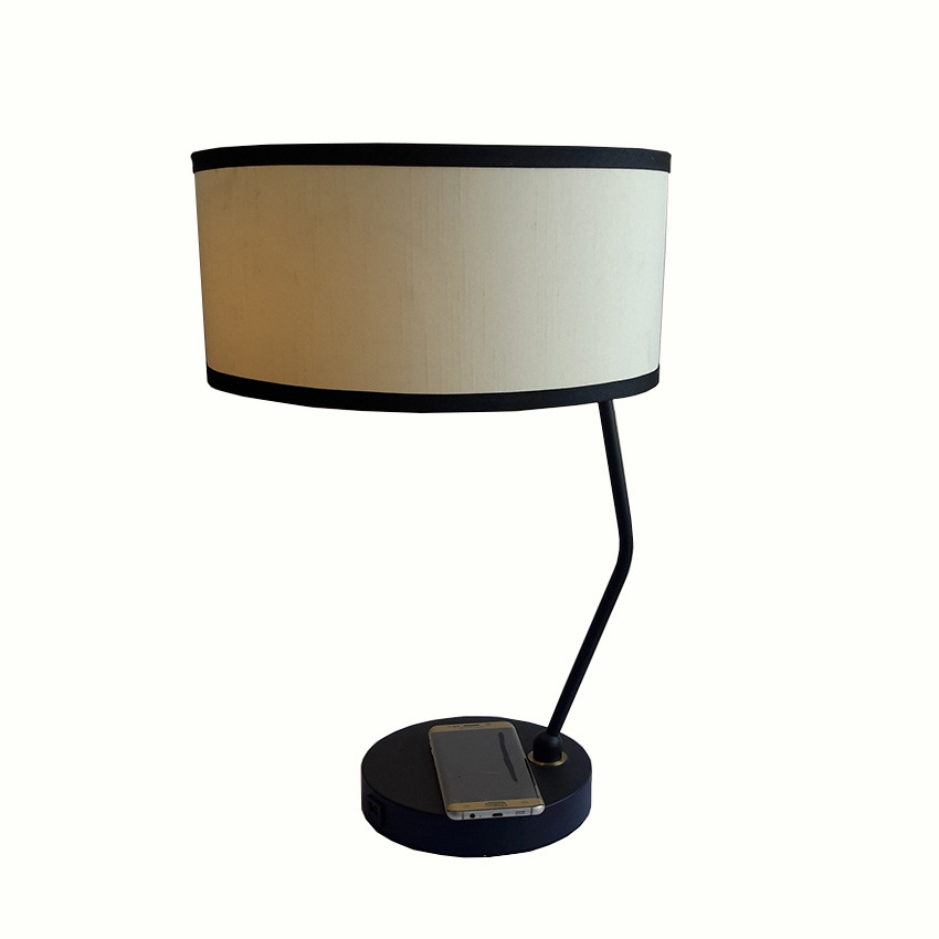 Modern Black  Wireless chargerLamp White Fabric Shade Desk Lamp Metal Table Lamp With Usb Charging Port For Hotel   Living room