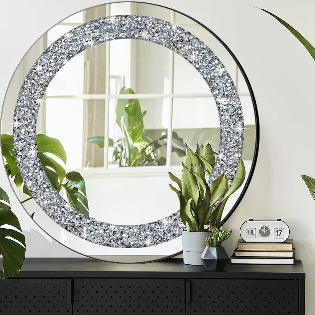 Crystal Crushed Diamond Mirror for Wall Decoration Wall Hang Frameless Sparkly  Silver Mirror Glass Stunning Home Diamond Decor