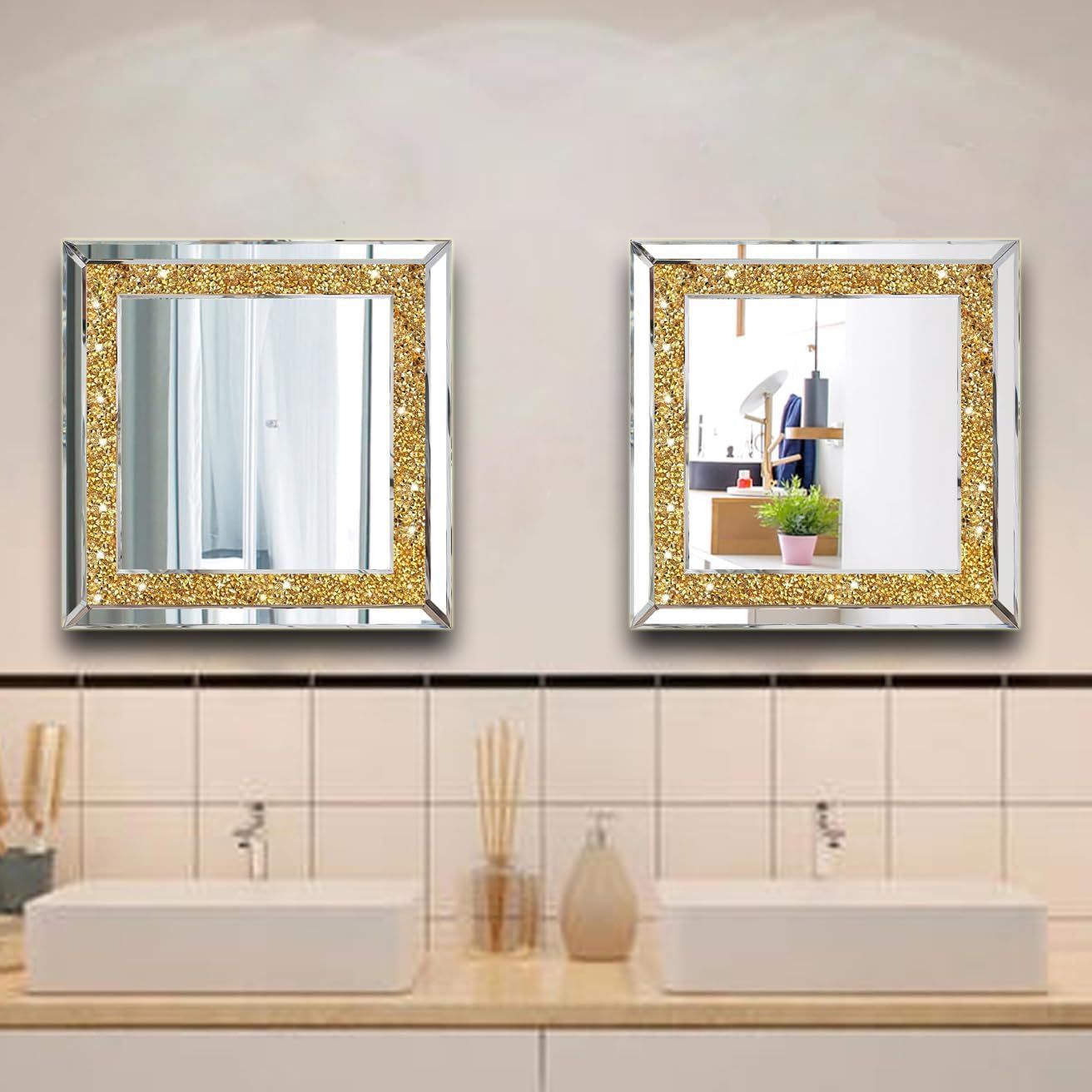 Crystal Crush Diamond Sparkly quadrate Silver Bathroom Mirror 2PCS Frameless Mirror Vanity Home Decor for Living room Hallway