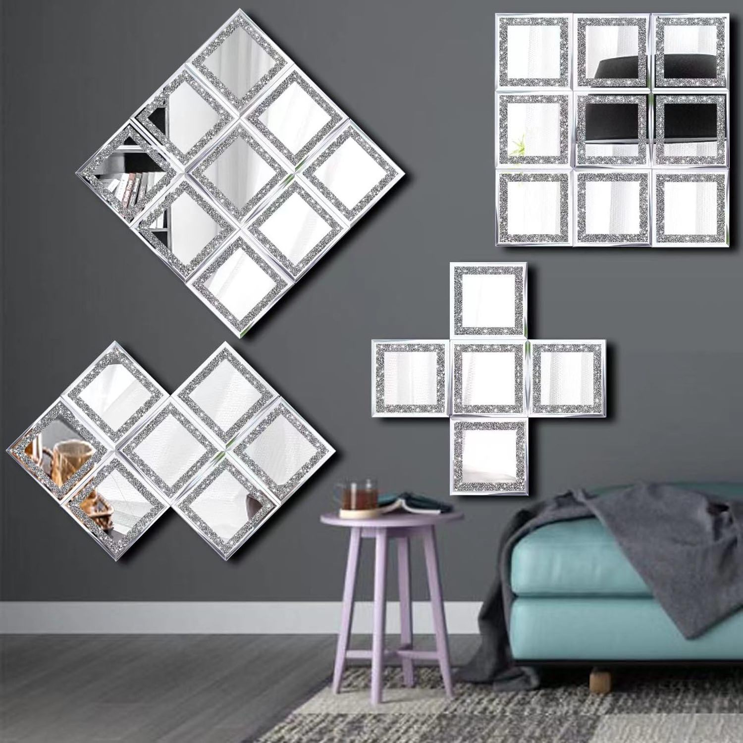 Full Length Mirror Tiles,Crystal Crush Full Body Wall Diamond Mirror, 8PCS Glass Frameless Crush Diamond Mirrors Wall Decor 6in