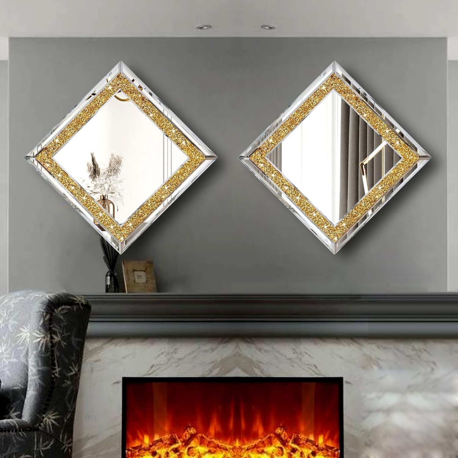 Crystal Crush Diamond Sparkly quadrate Silver Bathroom Mirror 2PCS Frameless Mirror Vanity Home Decor for Living room Hallway