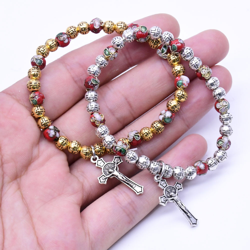 2022 Wholesales 6mm Cloisonne Catholic Gif Cross Crucifix Prayer Beads Stretch Rosary Bracelet