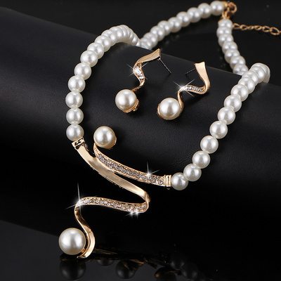 Vintage Simulated Pearl Jewelry Sets For Women Wedding Bridal Crystal Necklace Earrings Gold Color African bridal jewelry Set